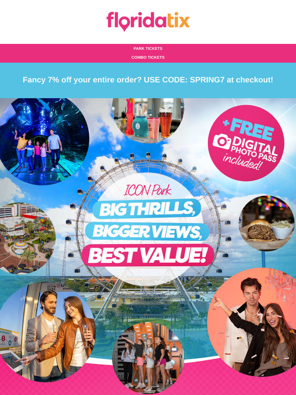 FREE Digital Photo Pass when you book any ICON park ticket or combo! 📷🎡