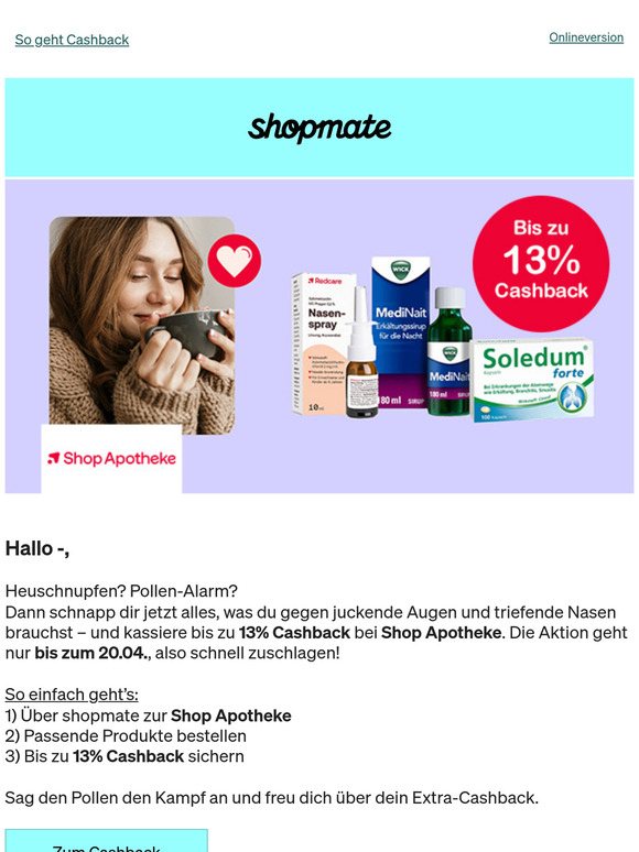 Bis zu 13% Cashback bei Shop Apotheke