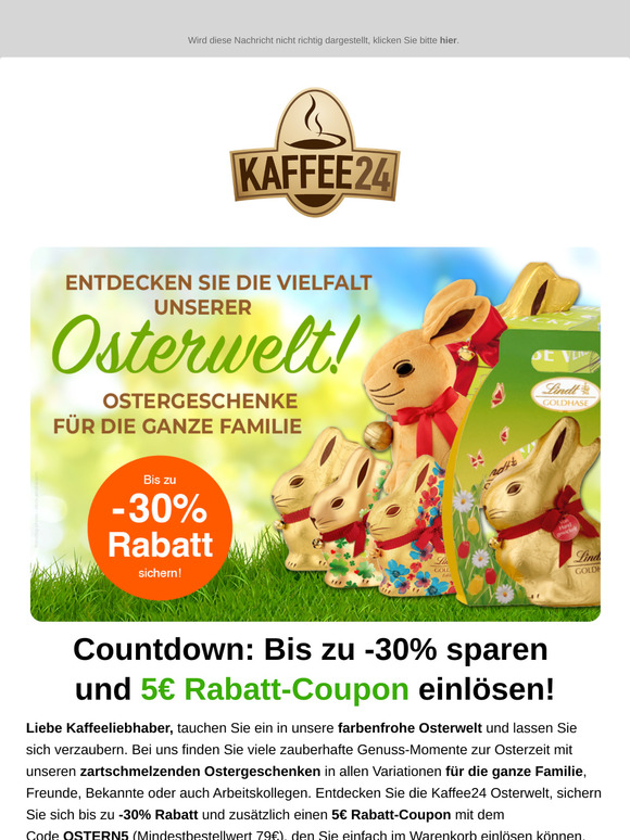 Oster-Countdown 🐰🗓️ 5€ Rabatt-Coupon und bis zu 30% Rabatt sichern!