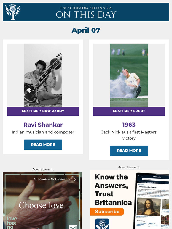 Jack Nicklaus's first Masters victory, Ravi Shankar is featured, and more from Britannica