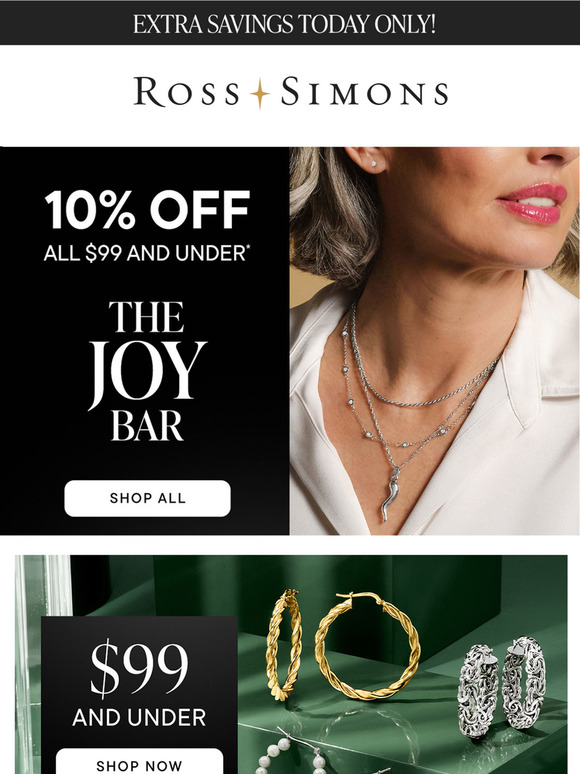 Extra savings, today only! Get 10% off all jewelry $99 and under