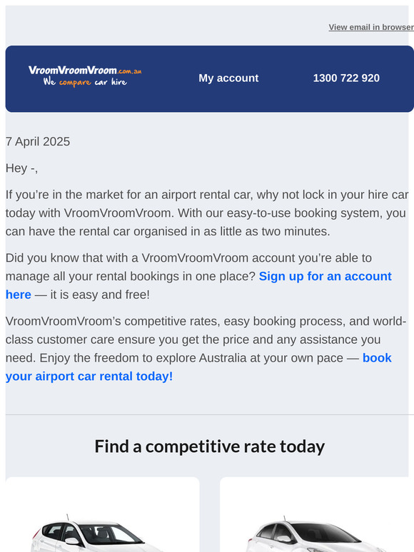 Book an airport rental car through VroomVroomVroom today!