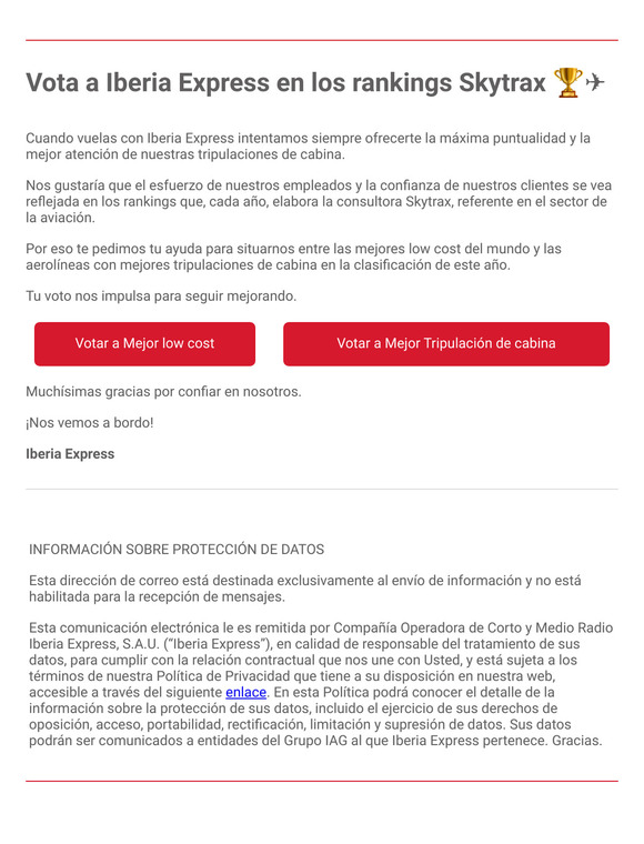 Vota a Iberia Express en los rankings Skytrax 🏆✈️