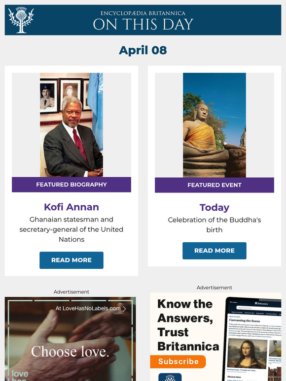 Celebration of the Buddha's birth, Kofi Annan is featured, and more from Britannica
