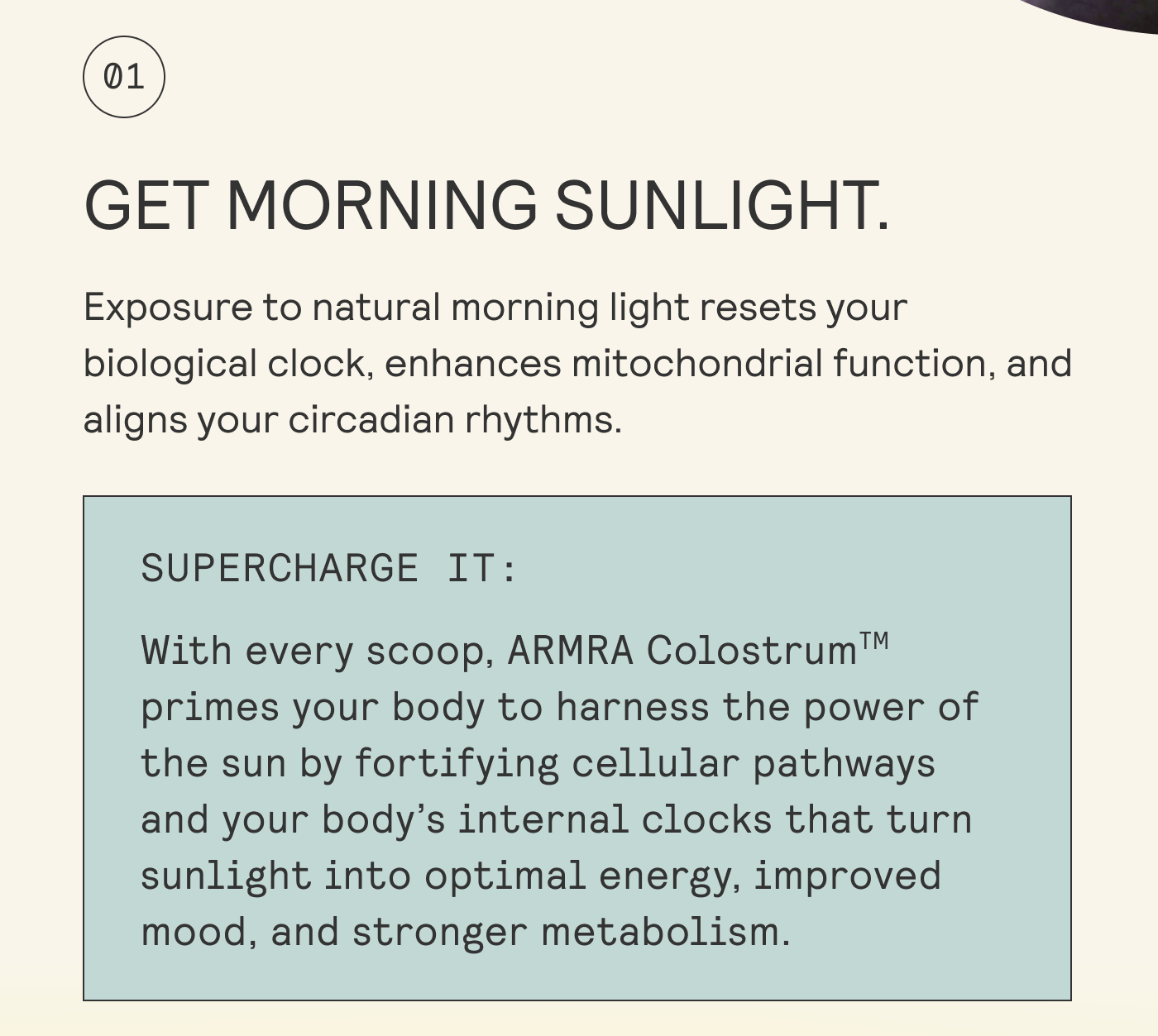 GET MORNING SUNLIGHT. Exposure to natural morning light resets your  biological clock, enhances mitochondrial function, and aligns your circadian rhythms. 