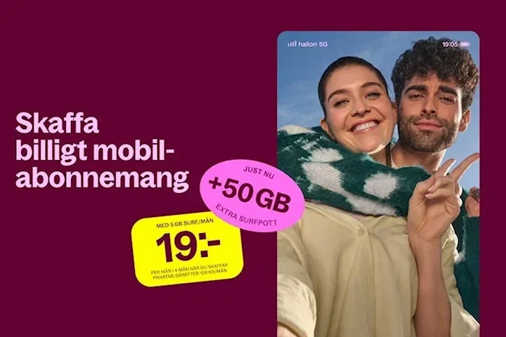 Mobilabonnemang för 19 kr/mån i 4 mån med 50 GB extra surf hos Hallon