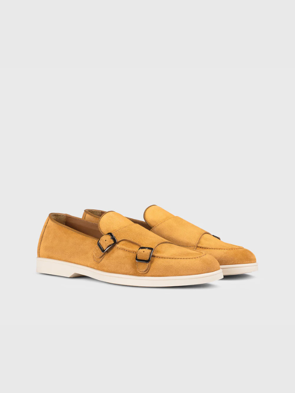 Honey-coloured suede double-buckle loafer