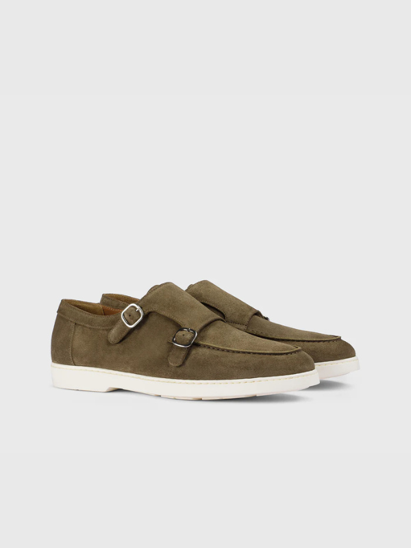 Camel-coloured suede double-buckle shoe