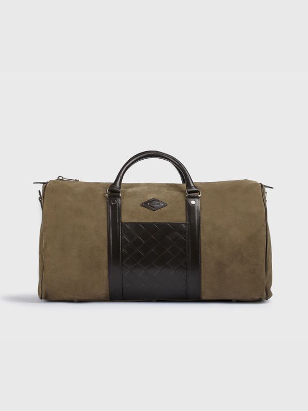 Cocoa-coloured suede weekend holdall with black matelassé detailing