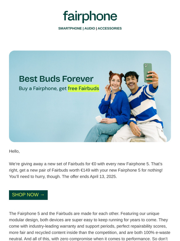 Pick up your Fairbuds for 0€ with your Fairphone 5