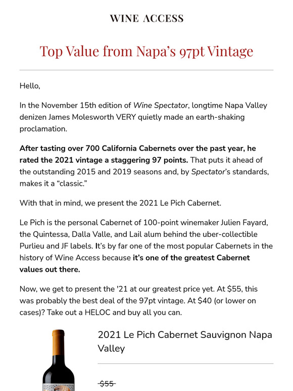 Top Cab Value from Napa’s 97pt Vintage
