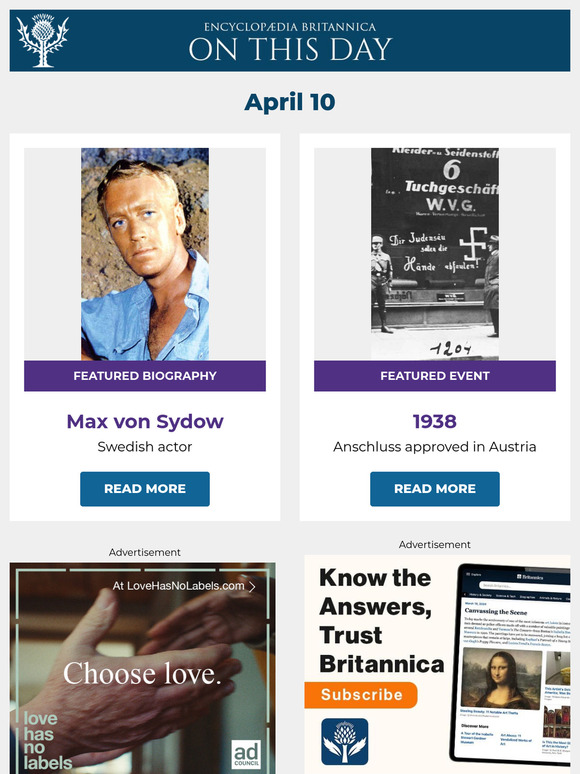 Anschluss approved in Austria, Max von Sydow is featured, and more from Britannica