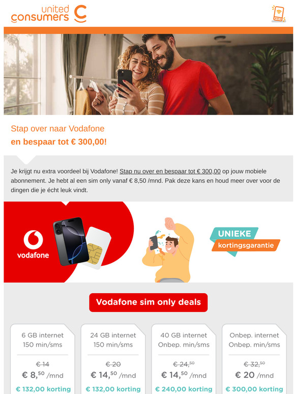 Kun jij al overstappen van mobiel abonnement? Dan is dit het moment! Bespaar nu tot E 300,00 bij Vodafone