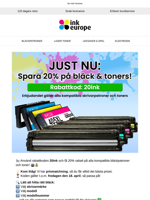 Sista chansen! Spara 20 % på bläck och toner!