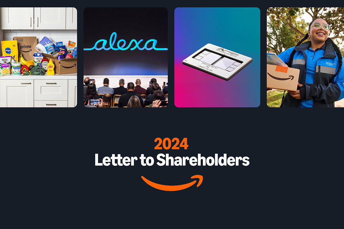 A collage of various Amazon innovations and highlights.