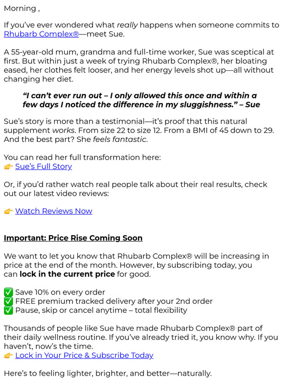 From Sceptical to Size 12 – Sue’s Rhubarb Complex® Journey 🌿