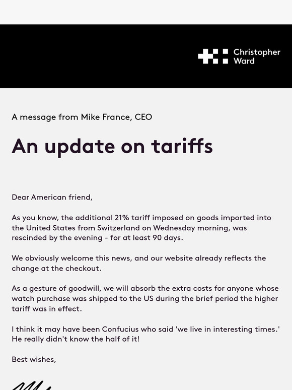 An update on tariffs from CEO Mike France
