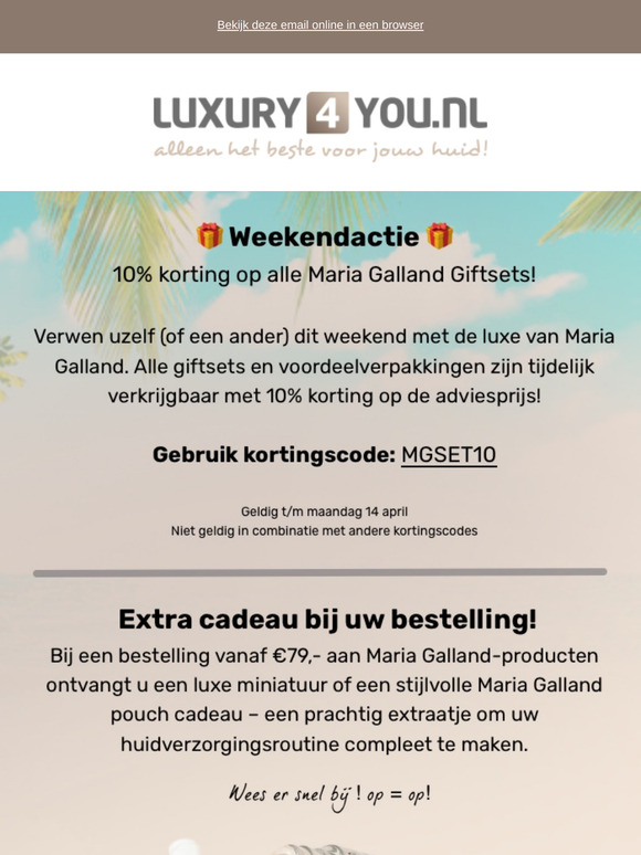☀️ Zonnige deals: 10% op Maria Galland sets · 20% op Medik8 zonverzorging · Nieuw: Thalgo Riviera Sun