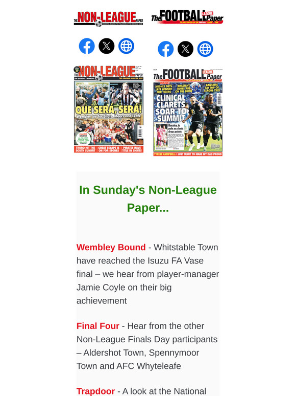 IN SUNDAY'S PAPERS > NLP: Hear from Whitstable Town player-manager Jamie Coyle ahead of the Isuzu FA Vase final / Hear from the other Non-League Finals Day participants // FLP: Birmingham City celebrate their promotion from League One / Chris Dunlavy on the difficulty of Championship sides adjusting to the Premier League
