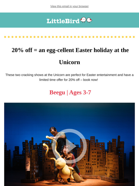 Special Easter discount for Beegu and Little Night at the Unicorn Theatre