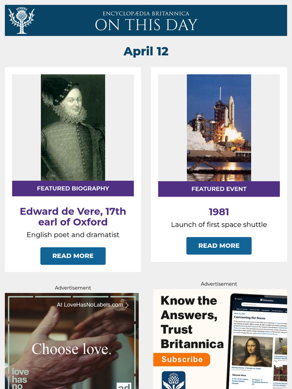 Launch of first space shuttle, Edward de Vere, 17th earl of Oxford is featured, and more from Britannica