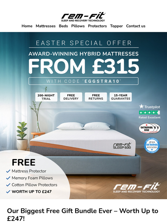 Our Biggest Gift Bundle (worth up to £247) with every mattress – plus an Extra 10% OFF!