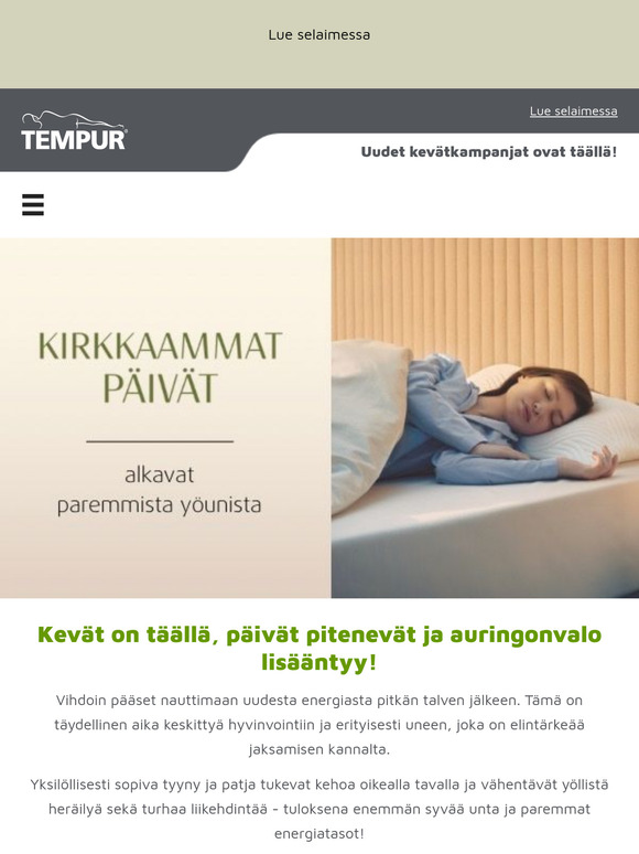 Patjan ostajalle supersuosittu suojalakana kaupan päälle!💚 Arvo jopa 87 € | Katso kevään uudet TEMPUR-kampanjat!