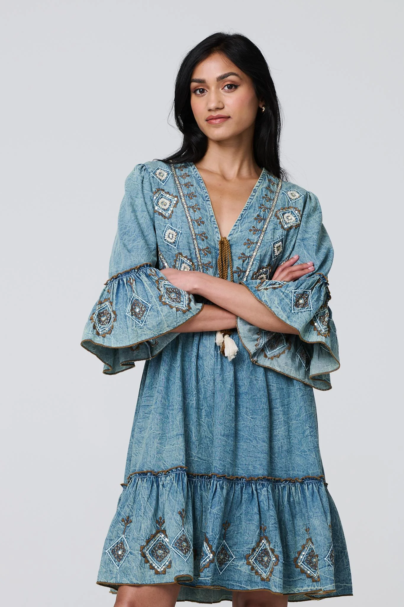 Embroidered Tassel Detail Knee Length Dress