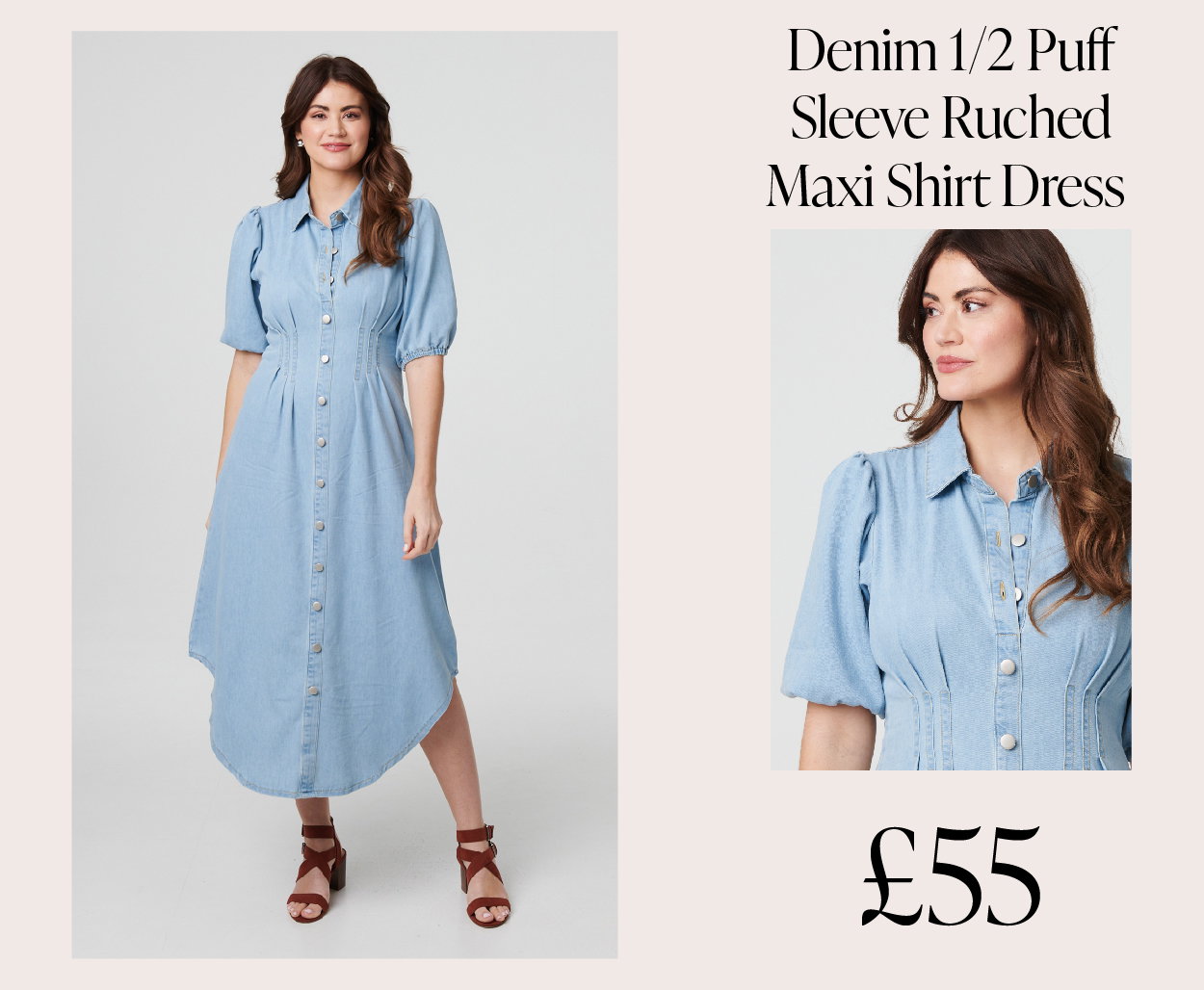 Denim 1/2 Puff Sleeve Ruched Maxi Shirt Dress | Shop Now