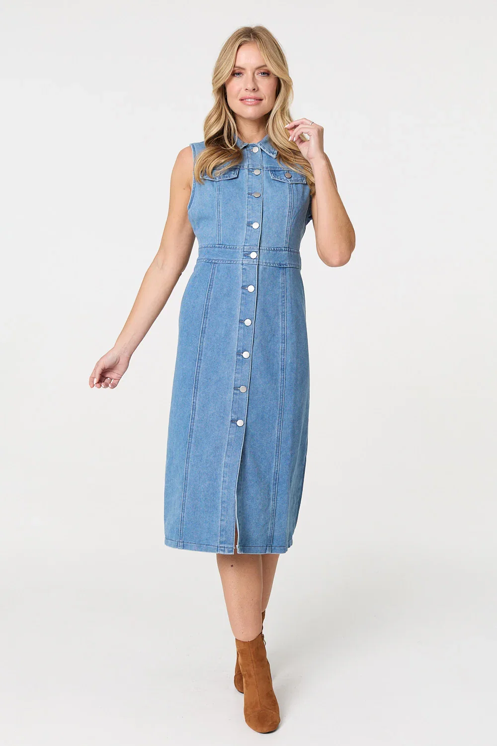 Denim Button Sleeveless Midi Shirt Dress