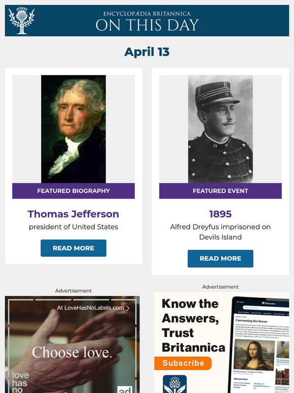 Alfred Dreyfus imprisoned on Devils Island, Thomas Jefferson is featured, and more from Britannica
