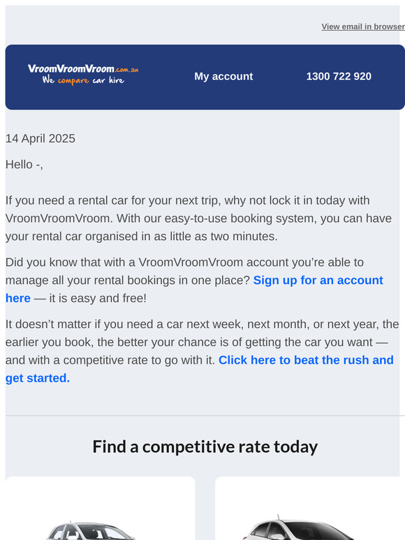 Book a rental car through VroomVroomVroom today!