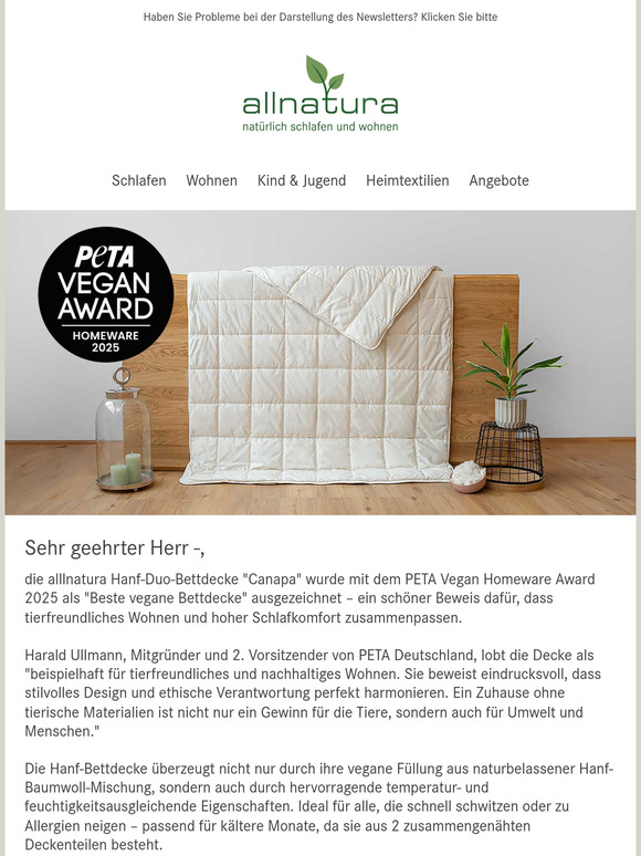 Peta Vegan Award: allnatura Bettdecke ausgezeichnet!