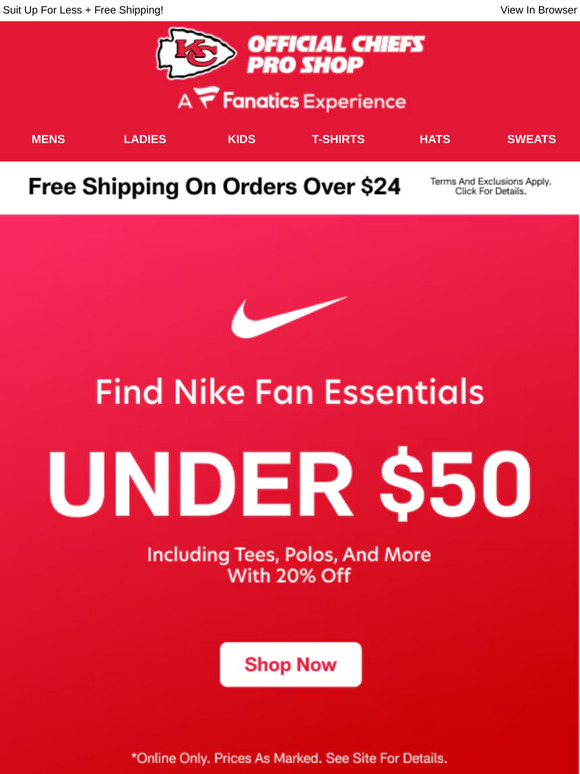 20% Off Nike = Chiefs Steals Under $50