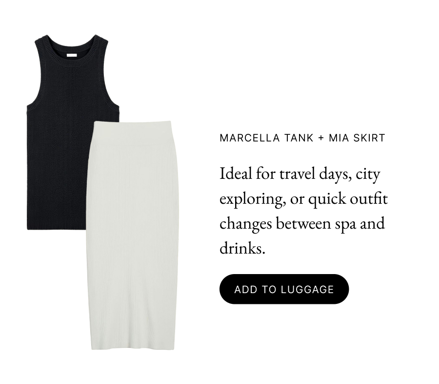 Marcella Tank + Mia Skirt  Ideal for travel days, city exploring, or quick outfit changes between spa and drinks. add to luggage