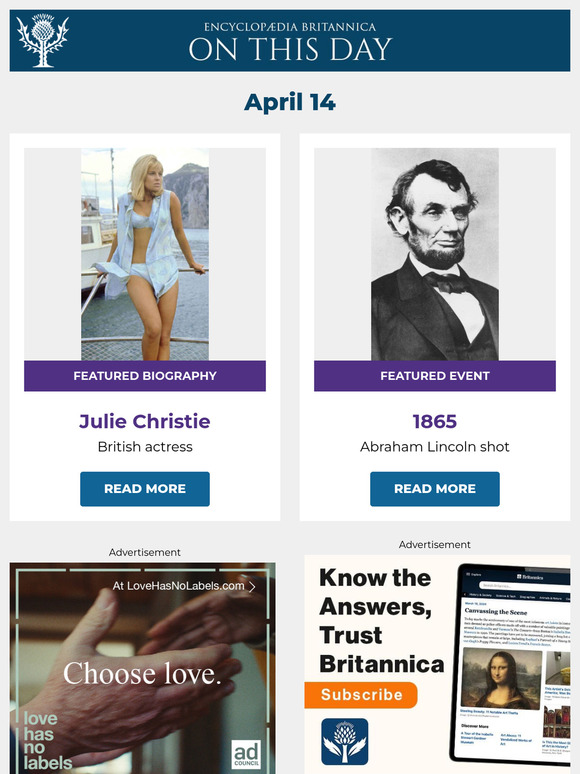 Abraham Lincoln shot, Julie Christie is featured, and more from Britannica