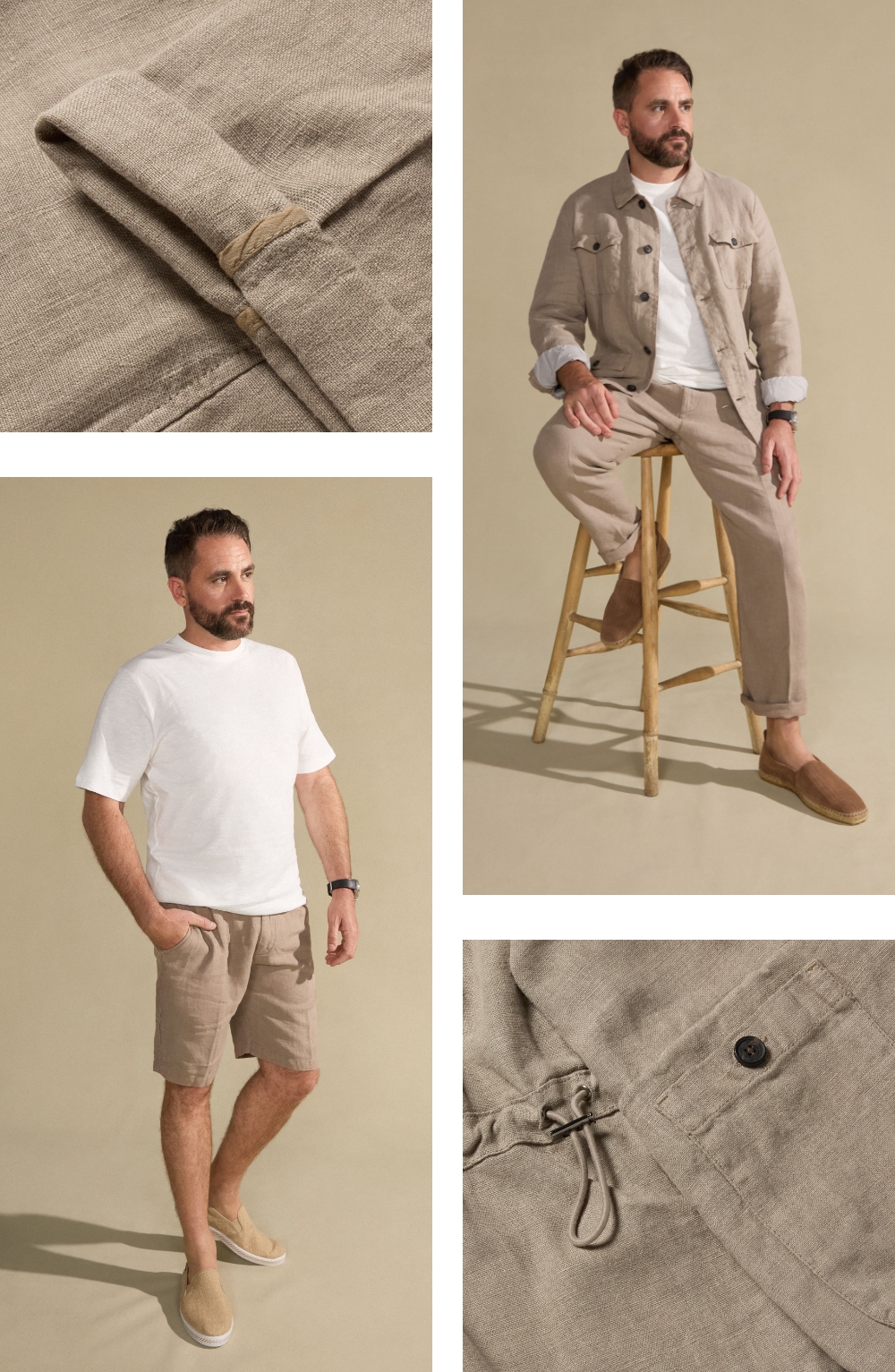 100% linen overshirt, shorts and trousers