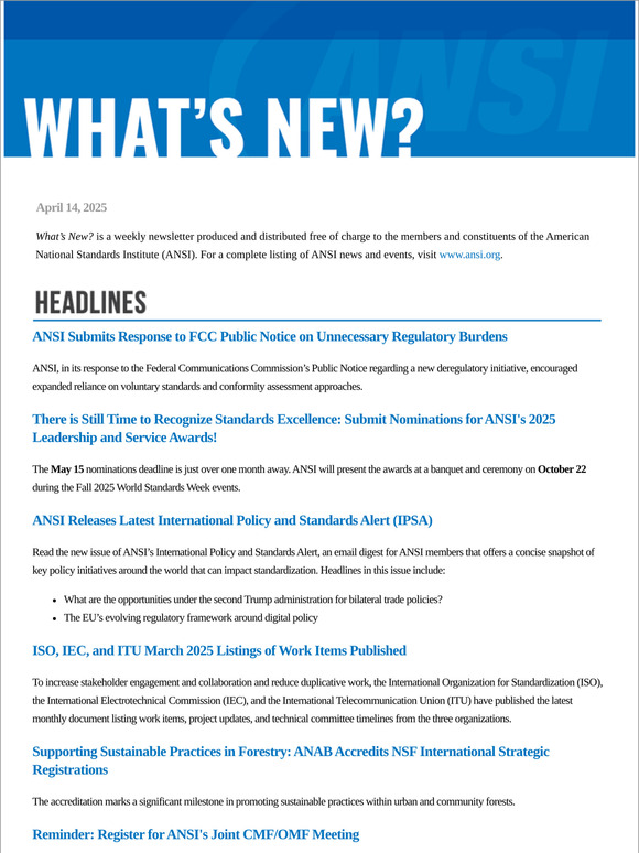 ANSI What's New April 14, 2025
