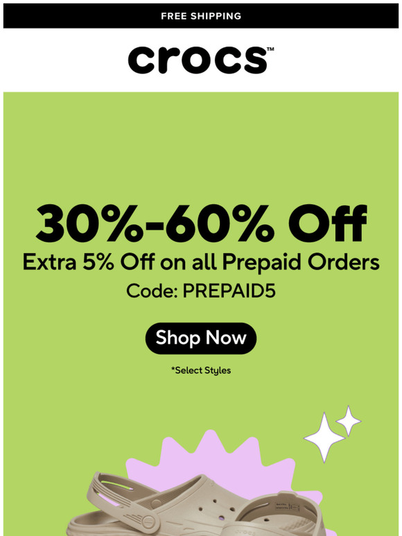 Just in time! Get Crocs at 30%-60% Off. Extra 5% Off on Prepaid orders