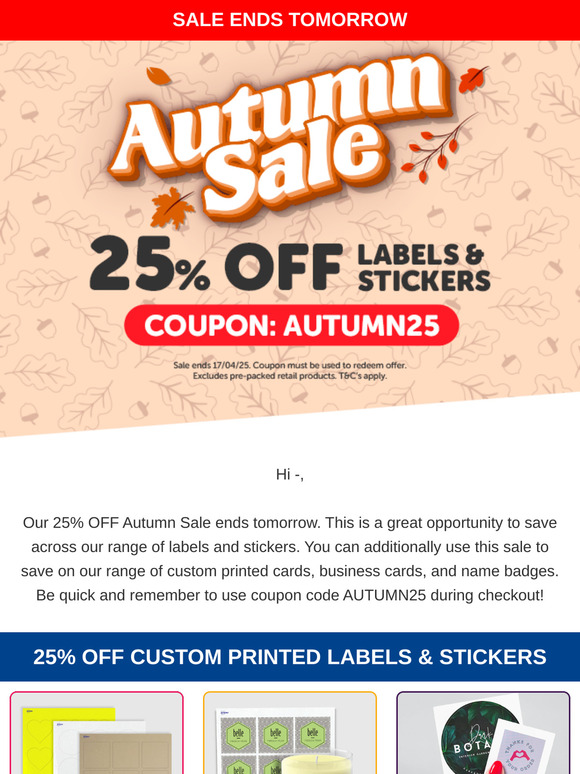 25% Off Autumn Sale - Ends Tomorrow