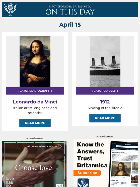 Sinking of the Titanic, Leonardo da Vinci is featured, and more from Britannica
