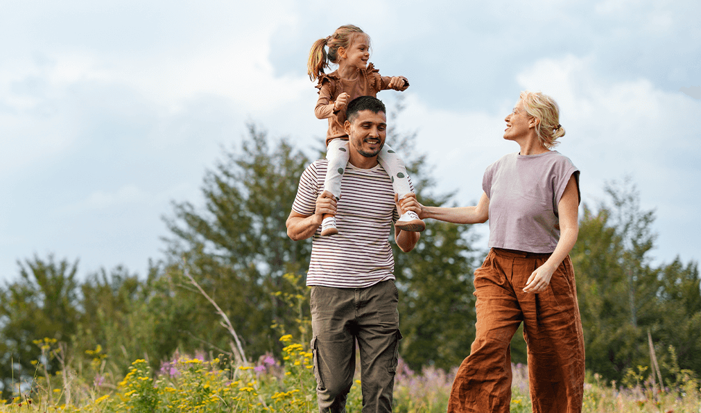 happy family going for a walk outside