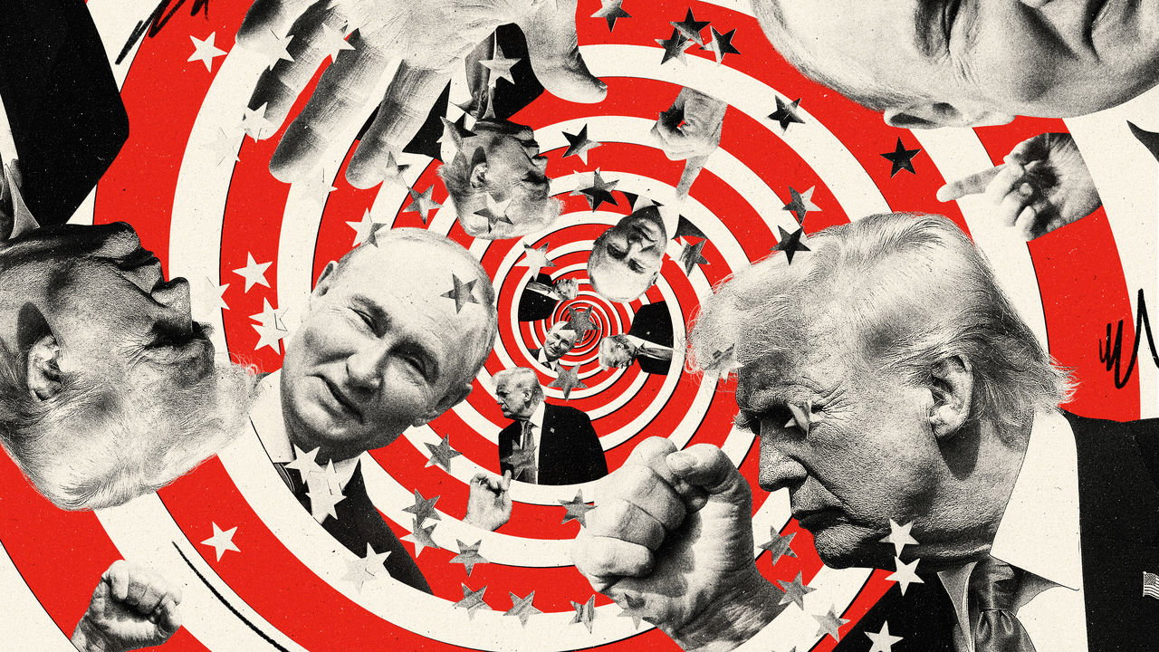 Photomontage of Donald Trump and Vladimir Putin repeated through a hypnotic red and white spiral with stars dotted around them