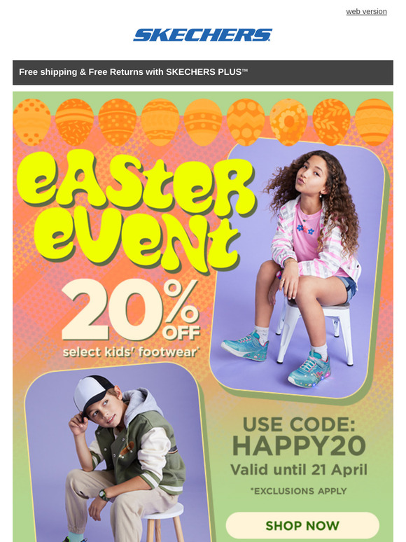 ‼️ Save 20% on select kids' footwear during the Skechers Easter Event! ‼️