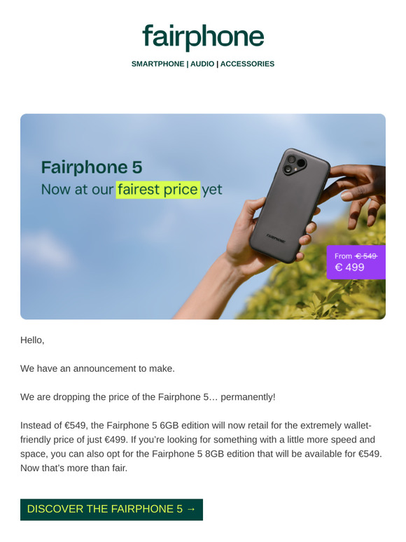 The Fairphone 5. Now starting at €499.