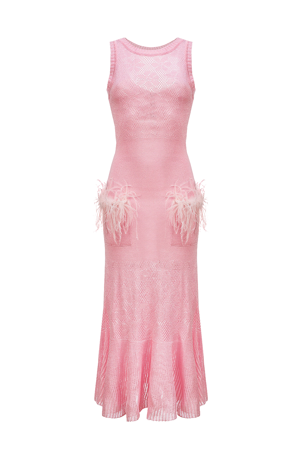 Image of Pink Rose Knit Dress With Feathers