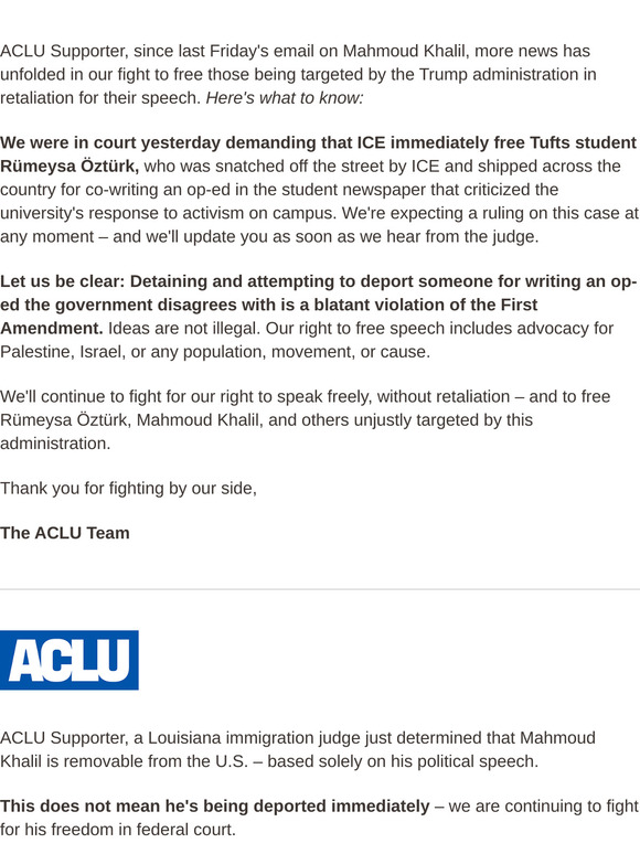 Update from Court: Rümeysa Öztürk should be free.