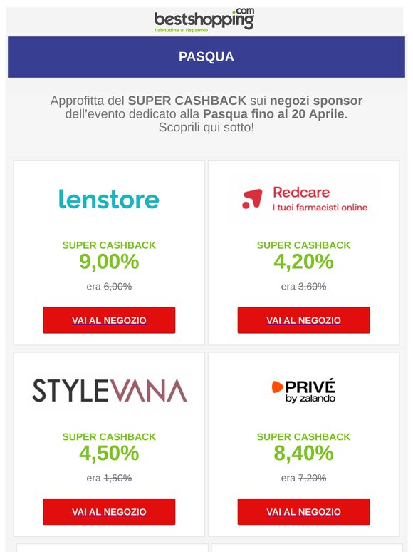 Pasqua - Fino al 20 Aprile ricevi il Super Cashback sui negozi sponsor dell'evento