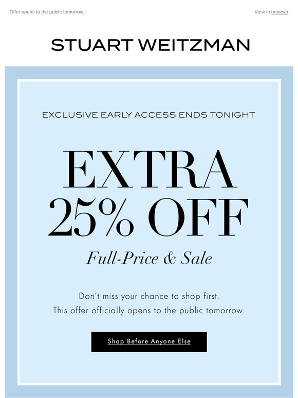 Re: Extra 25% Off — Your Exclusive First Access Ends Tonight
