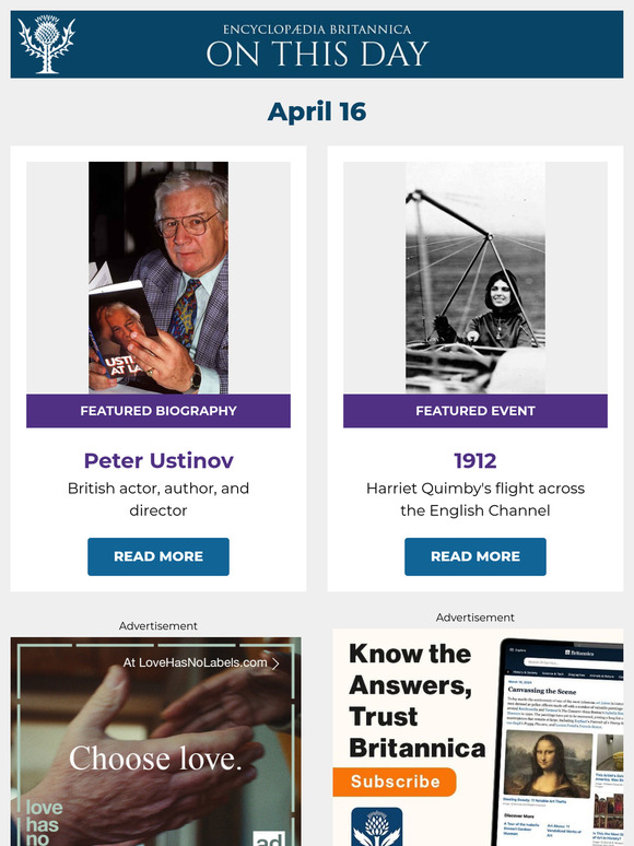 Harriet Quimby's flight across the English Channel, Peter Ustinov is featured, and more from Britannica